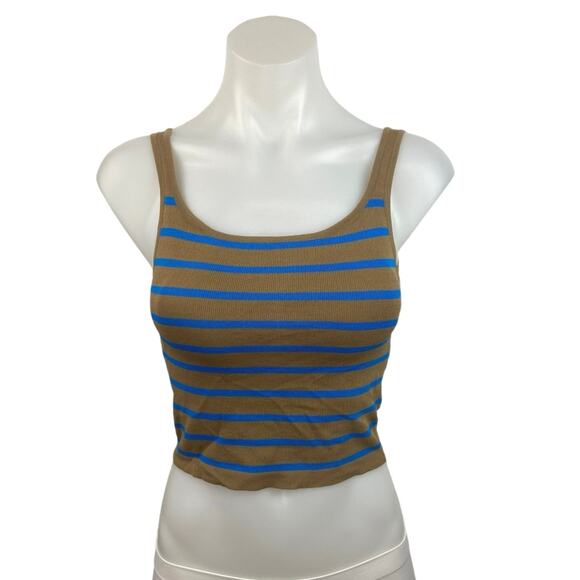 Zara Olive Green Blue Striped Scoop Neck Pullover Cropped Tank Top Size S - Picture 1 of 4